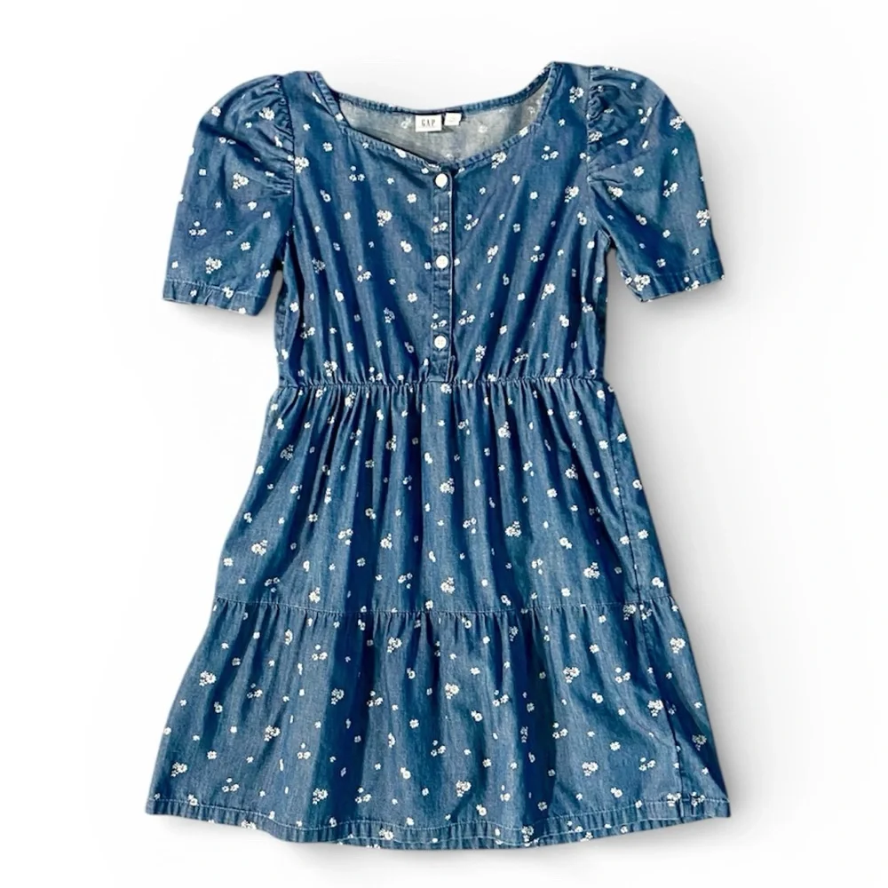 GAP Kids Dress Girl's L 10 Blue White Floral Puff Sleeve 100% Cotton Elastic EUC